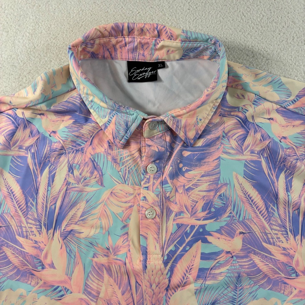Sunday‎ Swagger Golf Polo Shirt Mens XL Pink Floral AOP Bird Multicolor Stretch